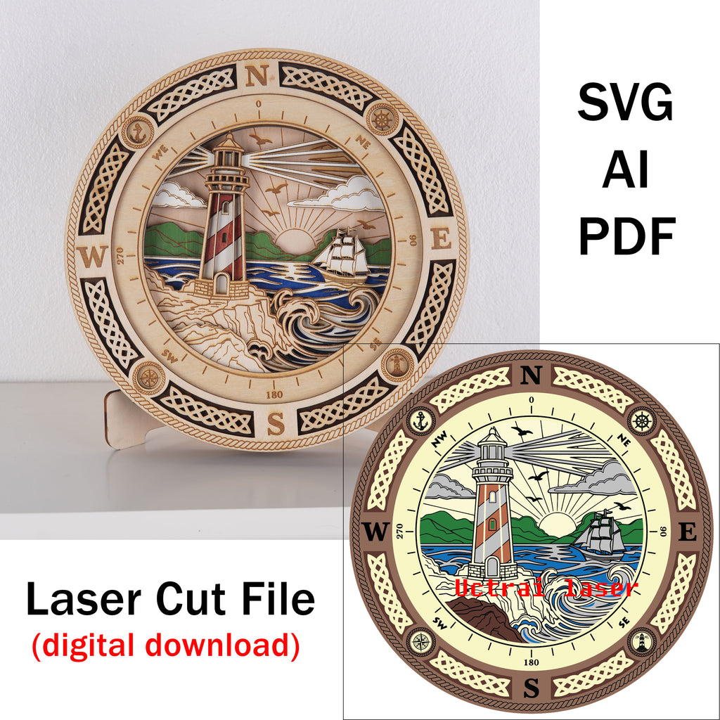 Lighthouse Compass Layered DIGITAL FILE | Laser Cut File | Svg/Ai/Dxf/Pdf
