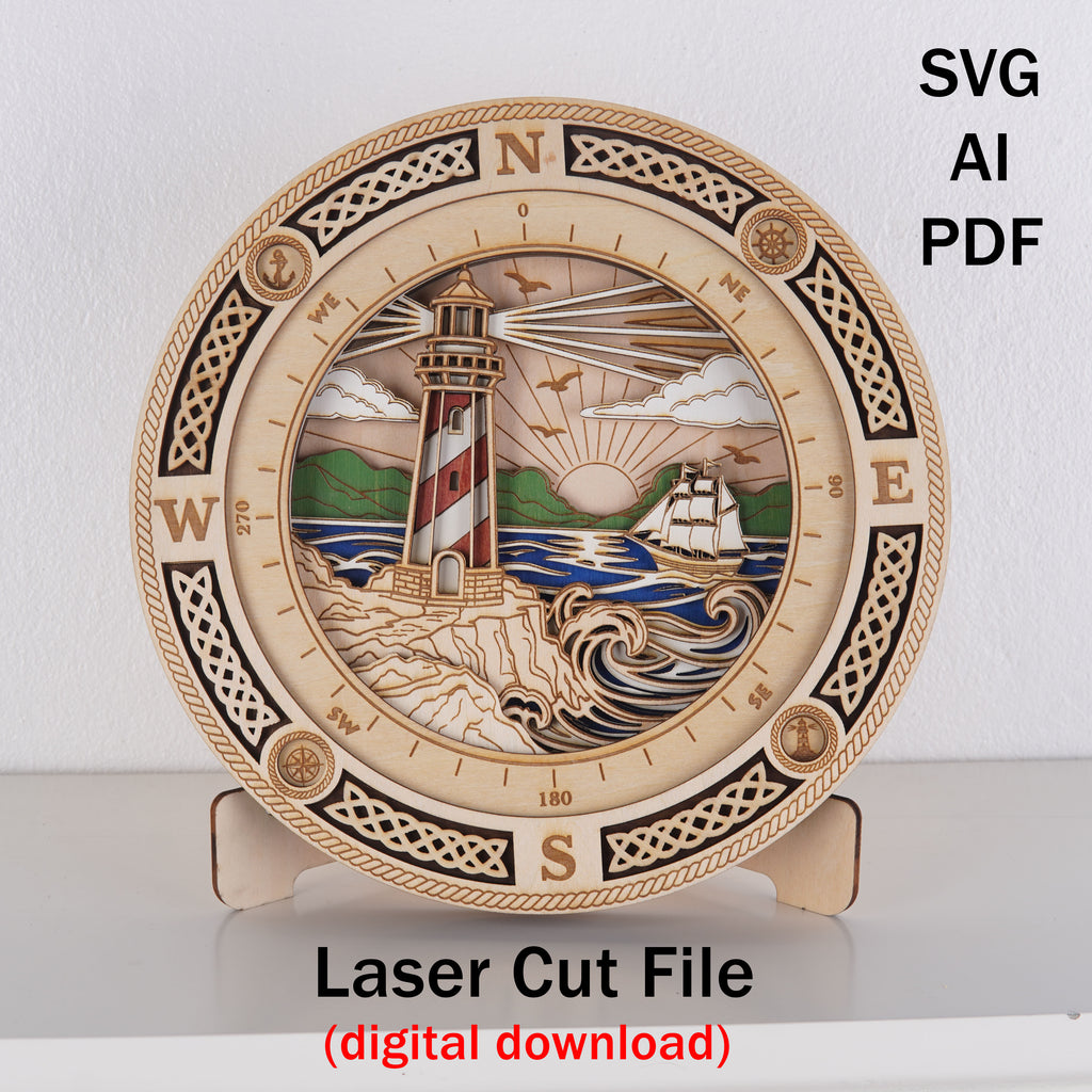 Lighthouse Compass Layered DIGITAL FILE | Laser Cut File | Svg/Ai/Dxf/Pdf