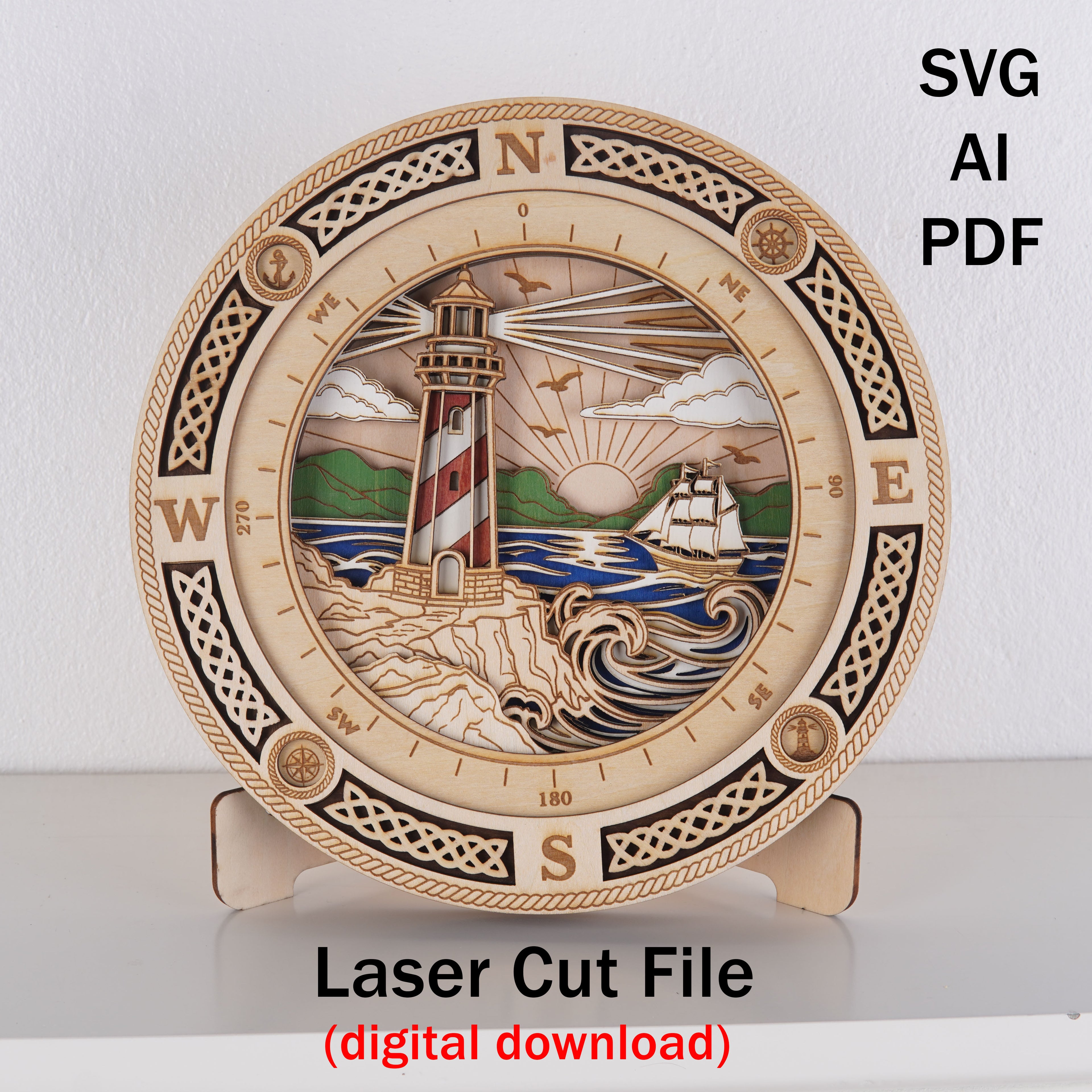 Lighthouse Compass Layered SVG | Laser Cut File | Coastal Wall Art | Glowforge, LightBurn, xTool, CNC